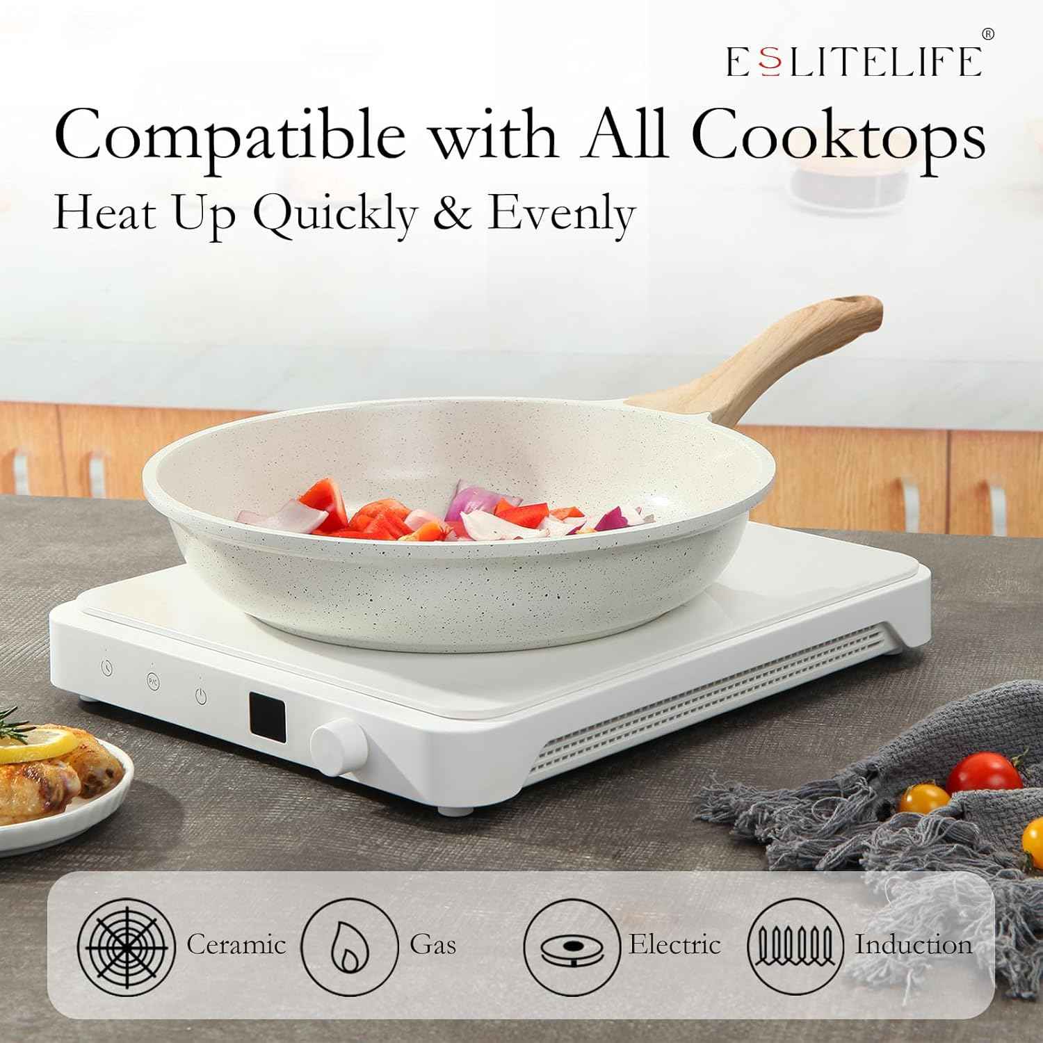 eslite life non-stick ceramic frying pan skillet, non-toxic egg omelette kitchen cooking pans compatible with all stovetops white 8