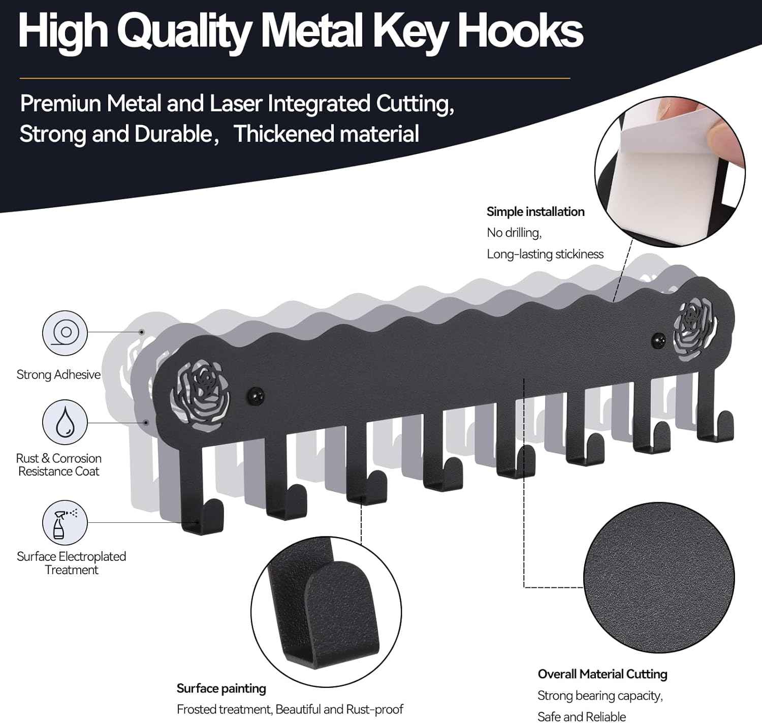 Key Holder Hooks Organizer Hanger Rack Wall Mounted with 8 Hooks, Adhesive Key Holder for Wall, No Drill Modern Key Holder Wall Mount, for Entryway, Kitchen, Hallway, RV Decor （Medium）