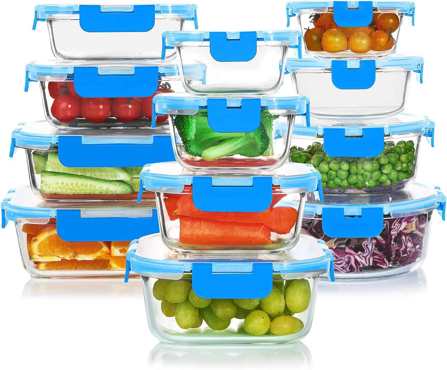 KOMUEE 24 Pieces Glass Food Storage Containers Set,Meal Prep Containers-Stackable Airtight Glass Storage Containers with lids,Freezer, Microwave, Oven Safe,Gray