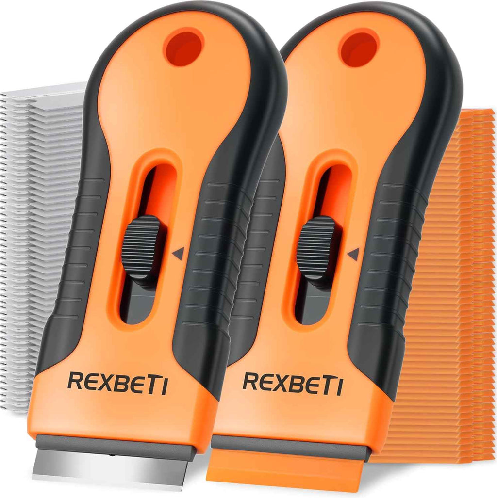rexbeti razor blade scraper tool, 2 pack, cleaning scraper with extra 80pcs razor blades and 50pcs plastic blades for cooktops paint glass