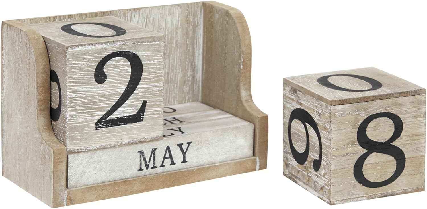 Wooden Perpetual Block Calendar for Desk, Wood Month Date Display Blocks for Teachers, Students, Classroom, Rustic Farmhouse Office Decor, Desk Accessories (5 x 4 In)