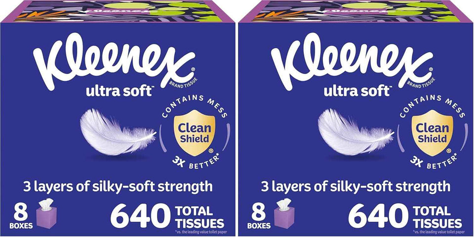 Kleenex Ultra Soft Facial Tissues, 8 Cube Boxes, 80 Tissues per Box, 3-Ply, Packaging May Vary
