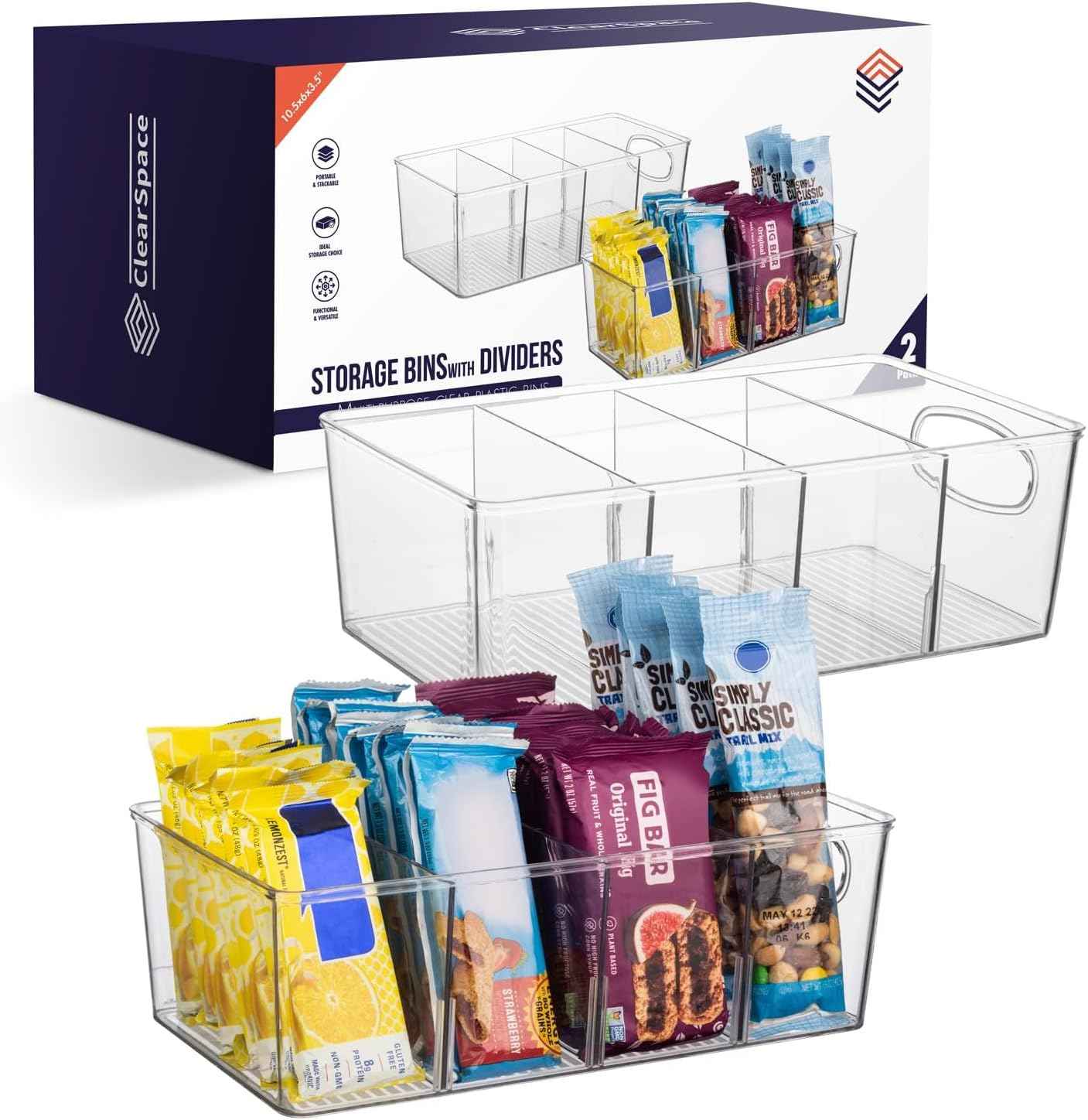 ClearSpace Plastic Pantry Organization and Storage Bins with Removable Dividers (2 Pack)