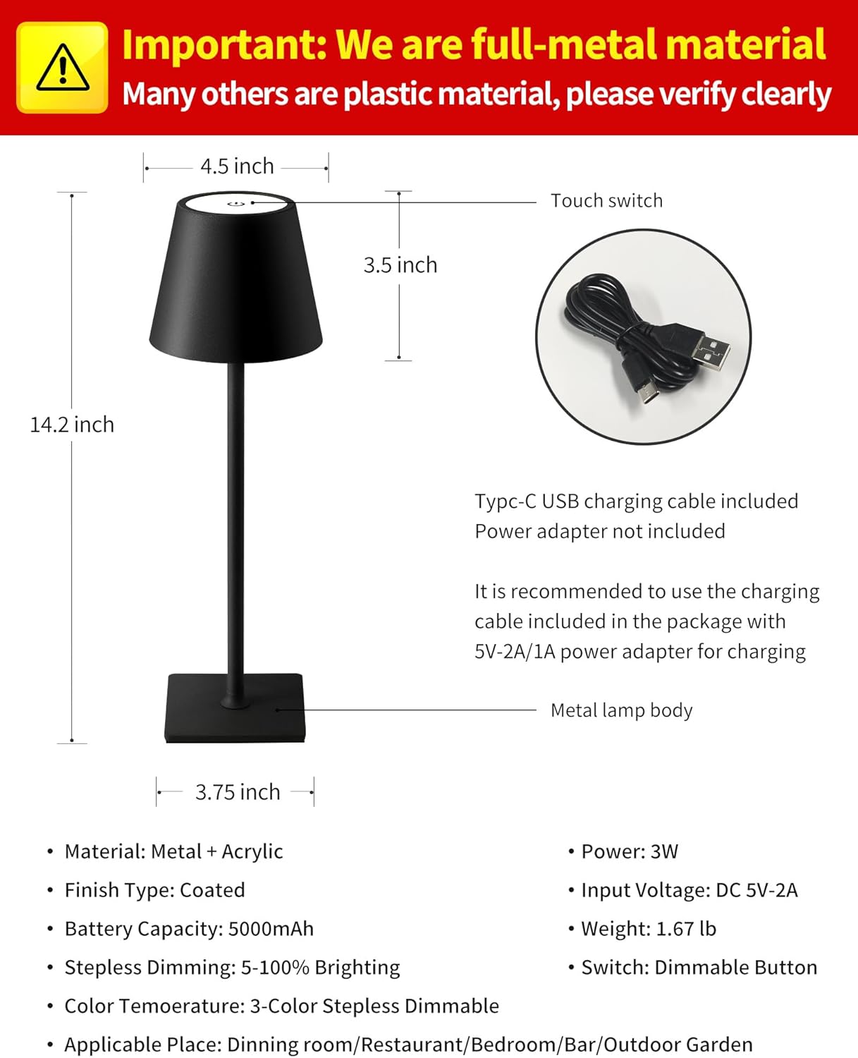 KDG 2 Pack Cordless Table Lamp, Portable LED Desk Lamps, 5000mAh Battery Operated, 3 Color Stepless Dimming Up, for Restaurant, Bedroom, Outdoor Camping, Coffee Shop, Night Light, Rechargeable (Black)