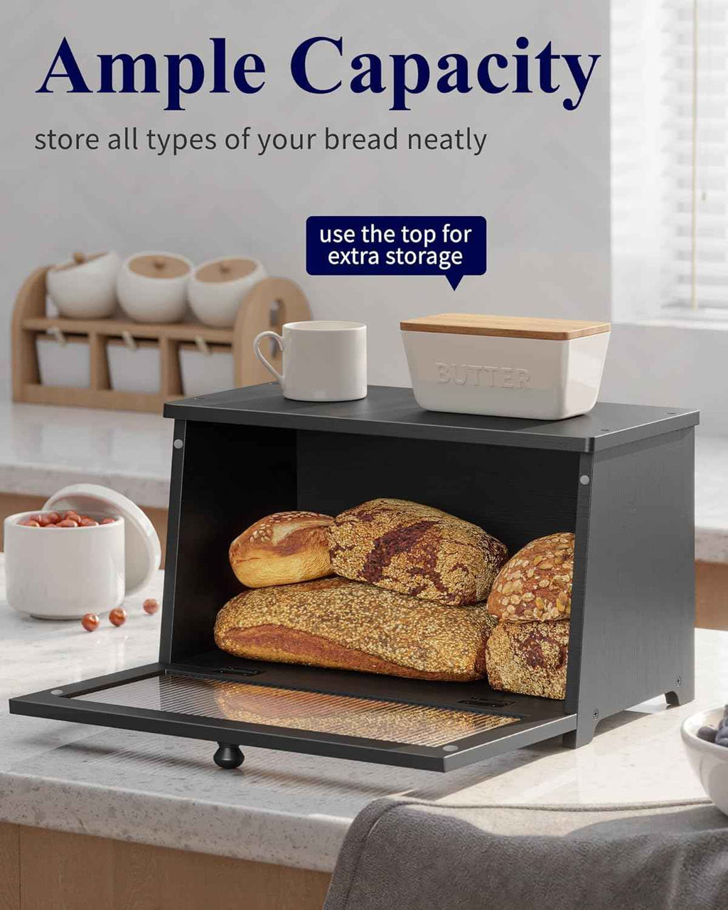 Kitsure Wooden Bread Box with Window, Large Capacity Kitchen Organizer, Stylish Black Storage Container