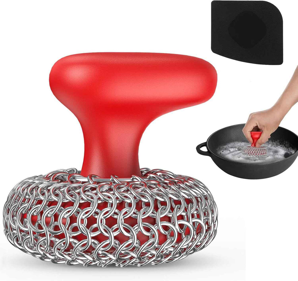 Purgreat Cast Iron Scrubber | Dish Scrub Brush | 316 Cleaner Chainmail Scrubber for Cast Iron Pan Skillet Cleaner - Dish Scouring Pad Dishwasher Safe Cleaning Kit, Black 02