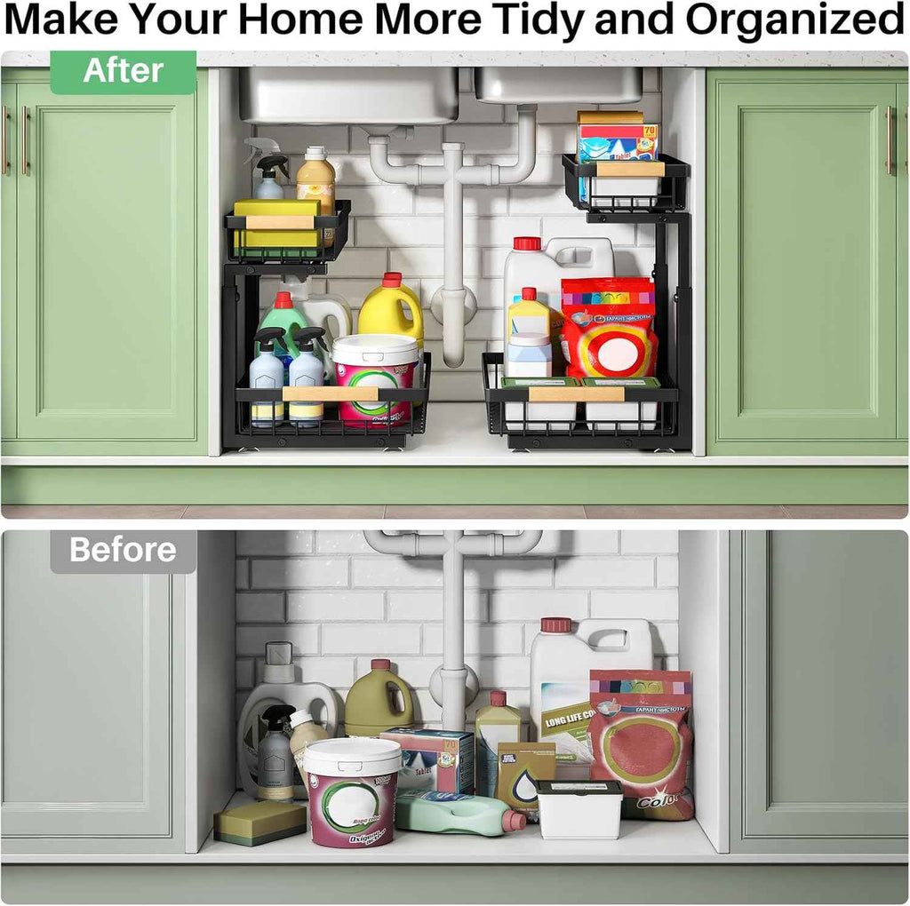 Under Sink Organizer, 2 Packs 2 Tier Under Sink Organizers and Storage, Slide out Pull out Cabinet Organizer Shelf, Metal Sliding Drawer for Kitchen Bathroom Pantry Cabinet Closet Organization Rack