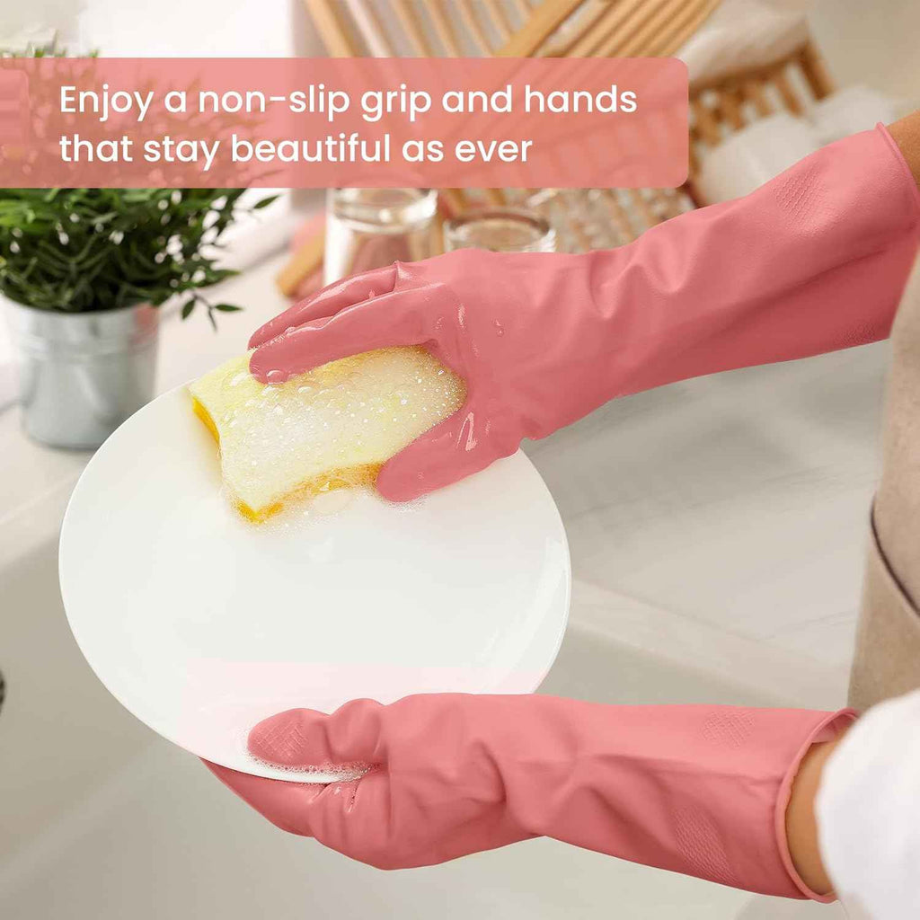 Reusable Rubber Dishwashing Gloves 4 Pairs Kitchen Cleaning Gloves for Washing Dishes and Cleaning Non-Slip Grip Flocked Lining for Women and Men