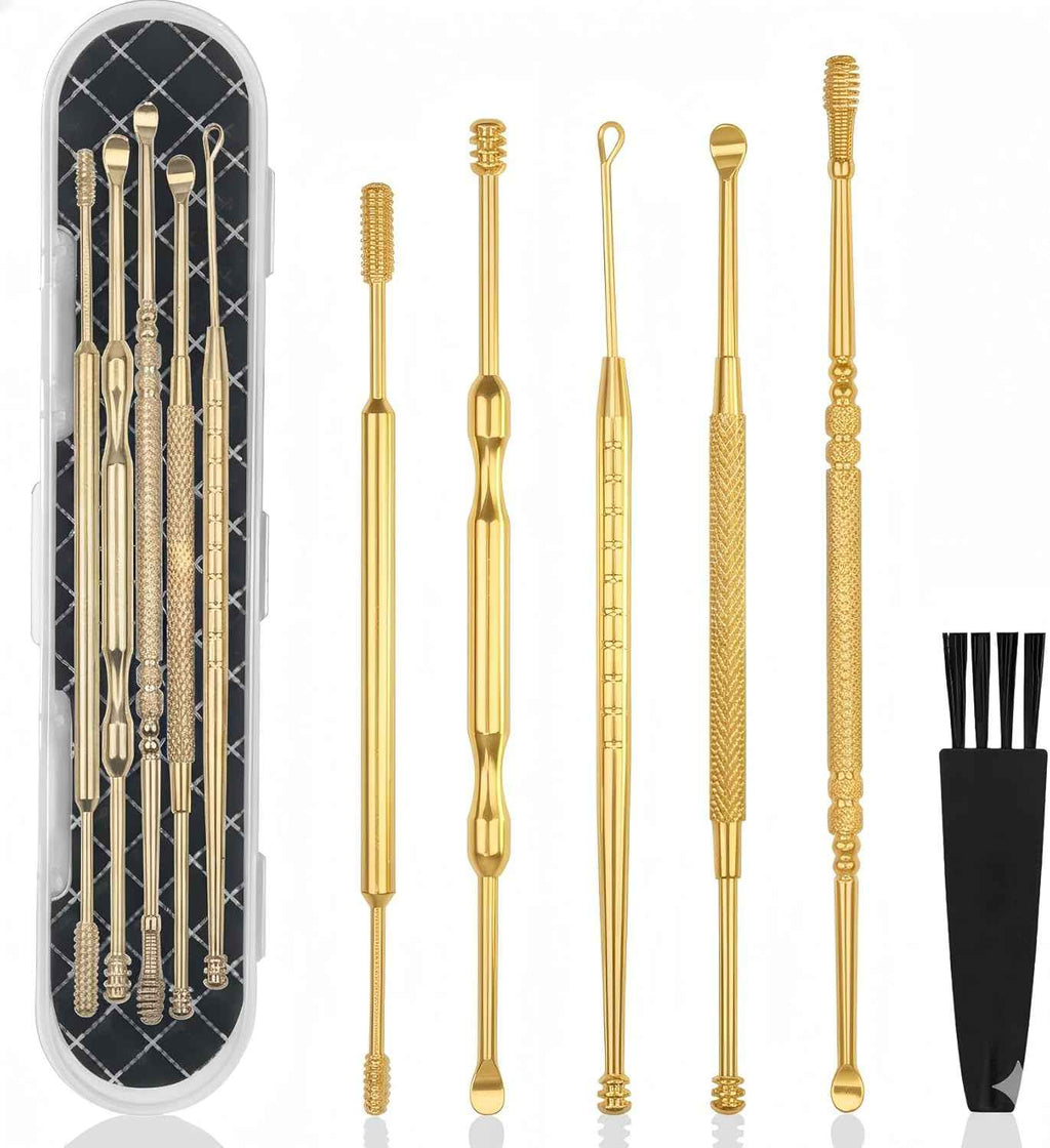 hion 6 pc extended ear wax removal kit with 316l stainless steel curette and cleaning brush for kid adult gold