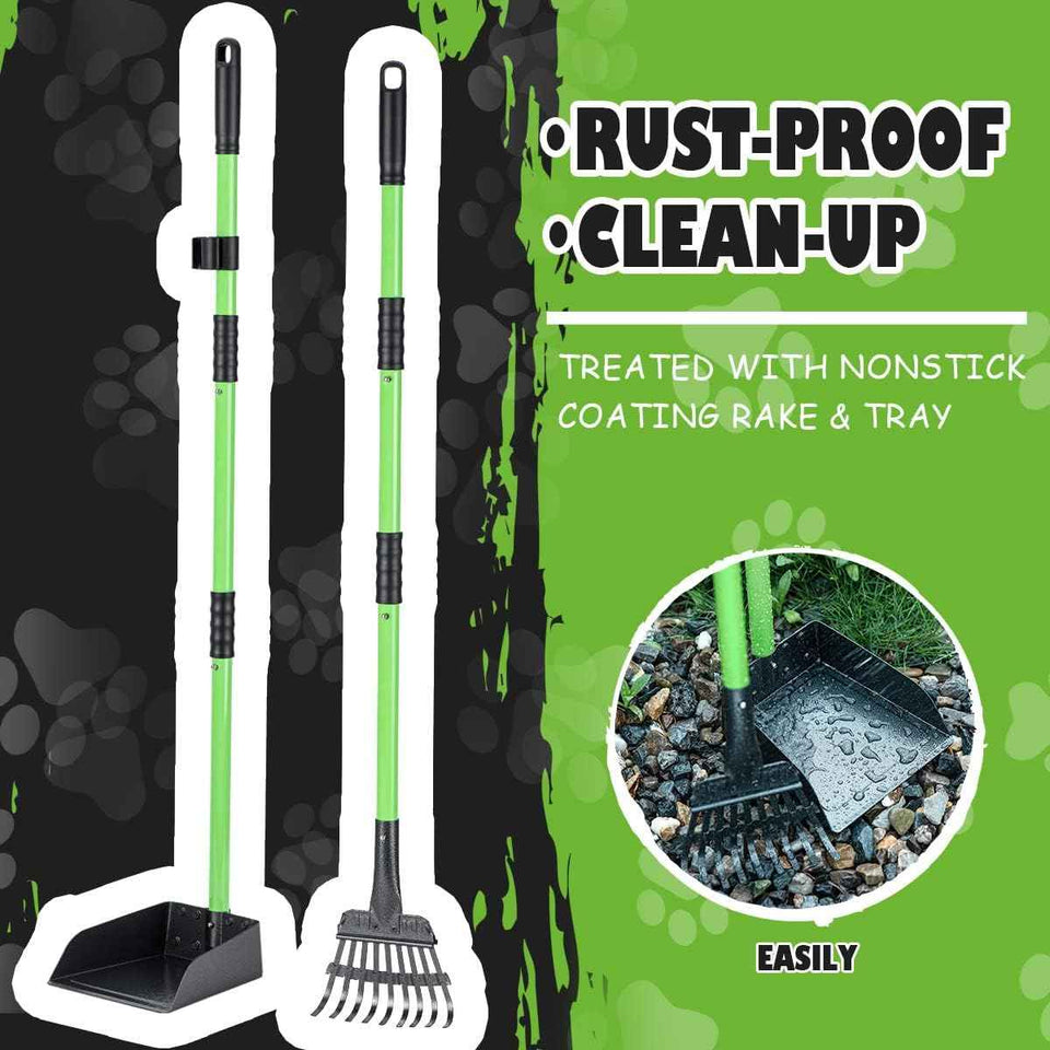 mxf pooper scooper, stainless metal tray and rake set for small dogs, heavy duty, long handle, green