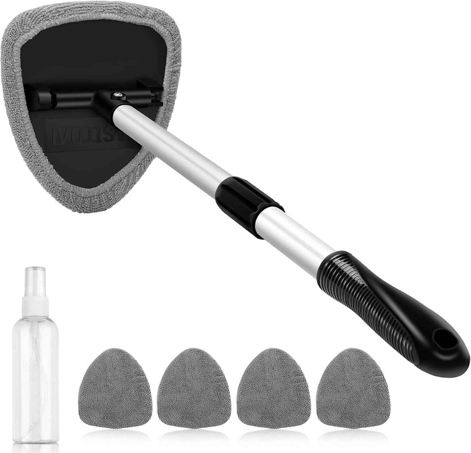 AstroAI Windshield Cleaner Tool, Car Interior Detailing Cleaning Kit with Extendable Handle and 4 Upgraded High-Density Reusable Microfiber Pads, Auto Glass Wiper Brush Kit for Cars, Blue, 15.9in-21in