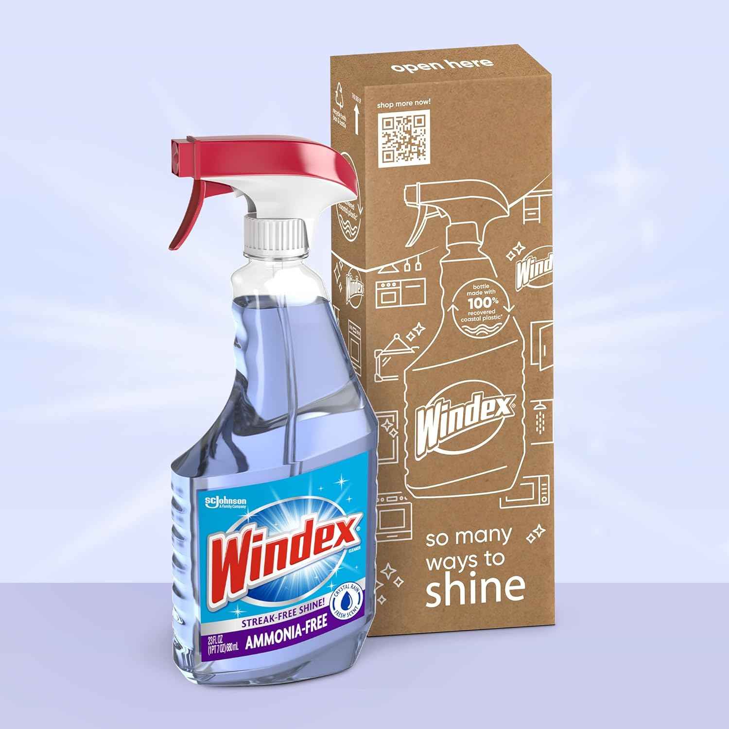 Windex Glass and Window Cleaner Spray Bottle, Ammonia Free, Packaging Designed to Prevent Leakage and Breaking, Surface Cleaning Spray, Crystal Rain Scent, 23 Fl Oz