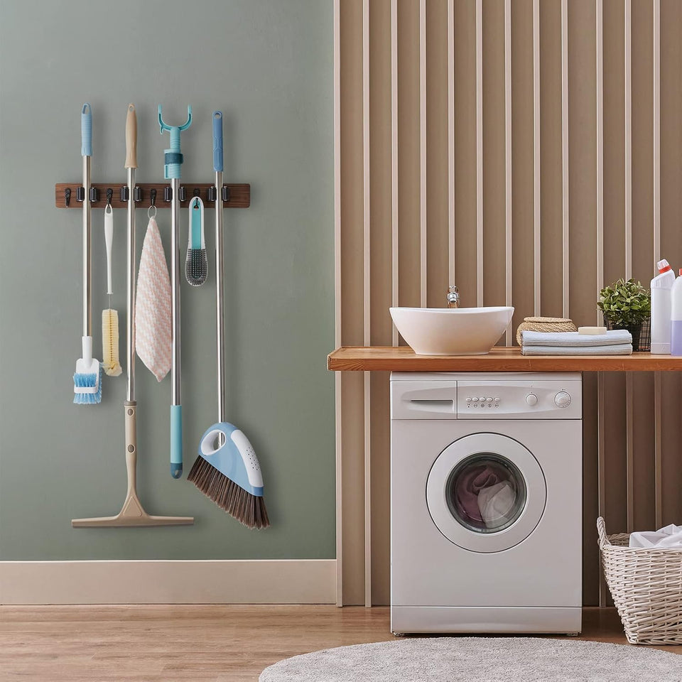 Mop and Broom Holder Wall Mount - Rustic Wood Broom Mop Hanger - Wall Mounted Garden Tool Rack Organizer for Closet Garage Laundry Room Kitchen Decor With 4 Slots & 4 Hooks - ShopUS