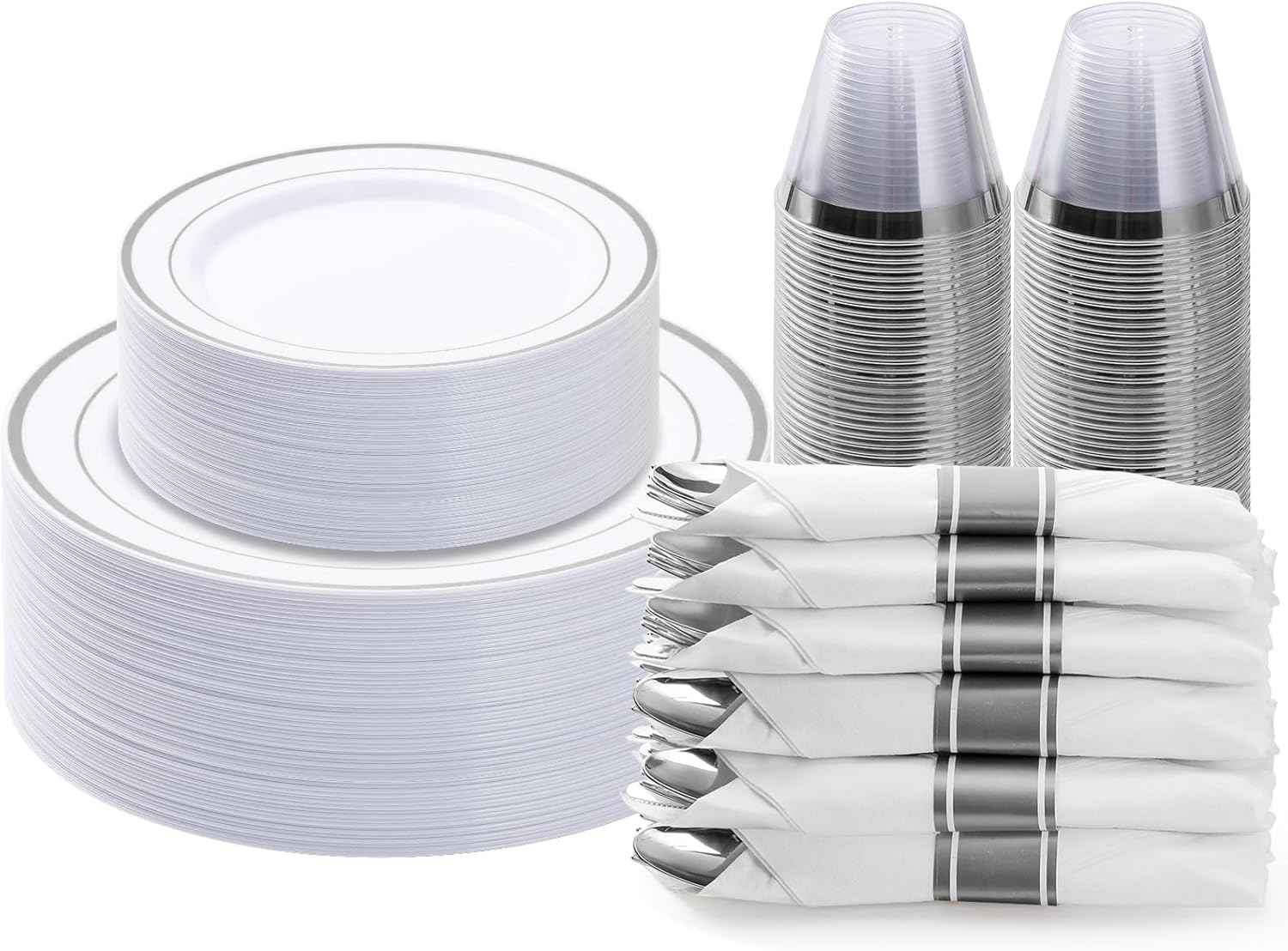 BESTVIP 700PCS Gold Plastic Dinnerware Set for 100 Guests, Disposable Plates for Party, Include: 200 Plastic Plates, 100 Pre Rolled Napkins with Gold Silverware, 100 Cups for Christmas, Halloween