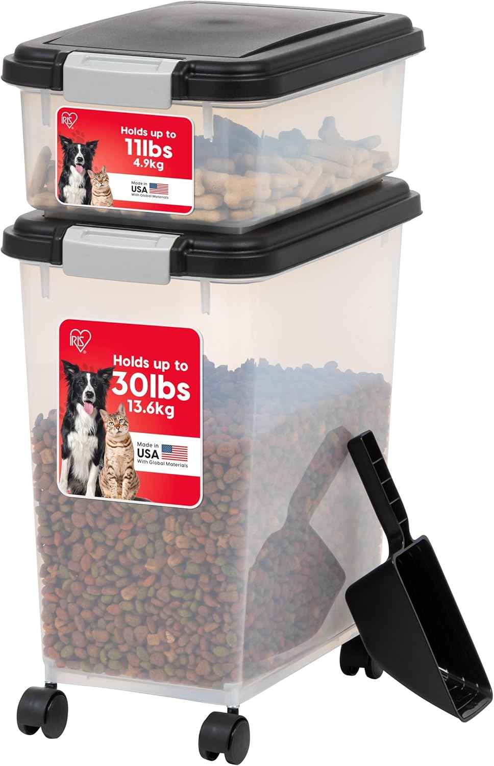 iris usa dog food storage container combo, 30 lbs & 11 lbs, airtight, stackable, wheels, black
