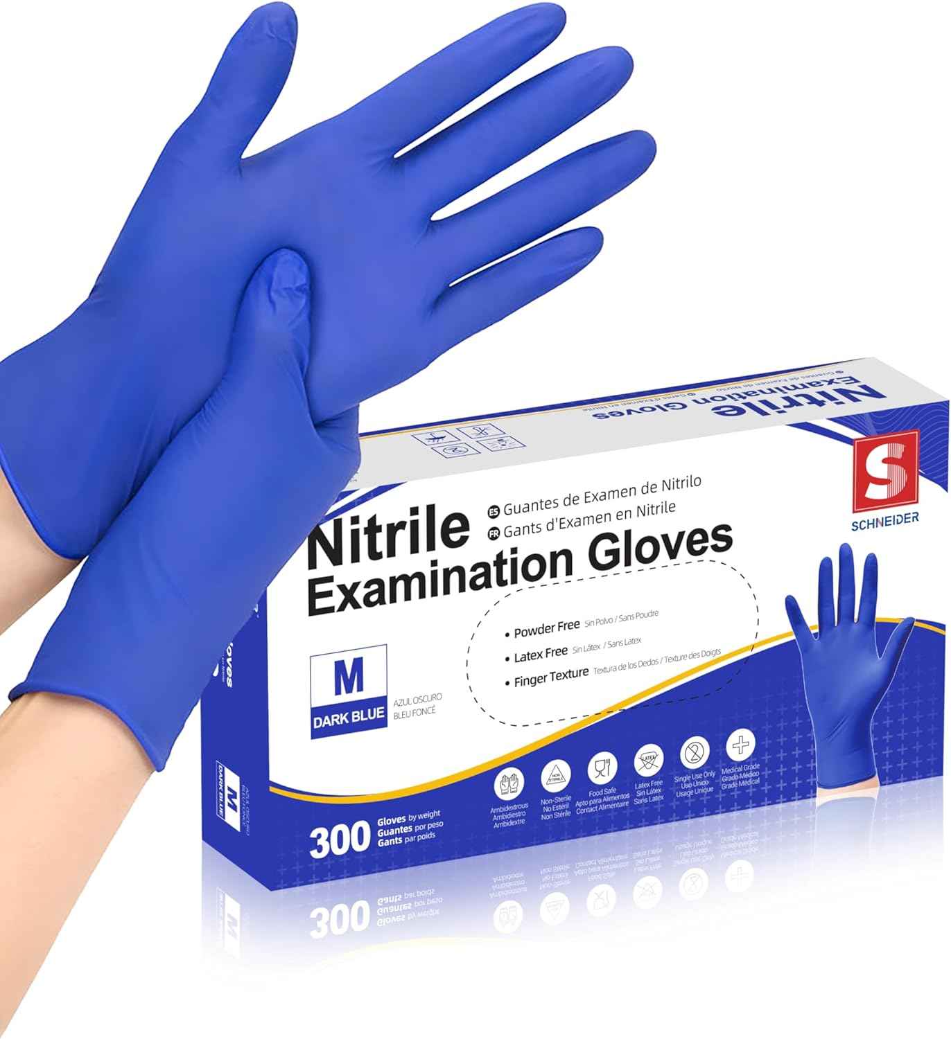 Schneider Nitrile Exam Gloves, Dark Blue, Disposable Gloves, Latex-Free, Powder-Free, Food Safe for, Cooking, Household Use