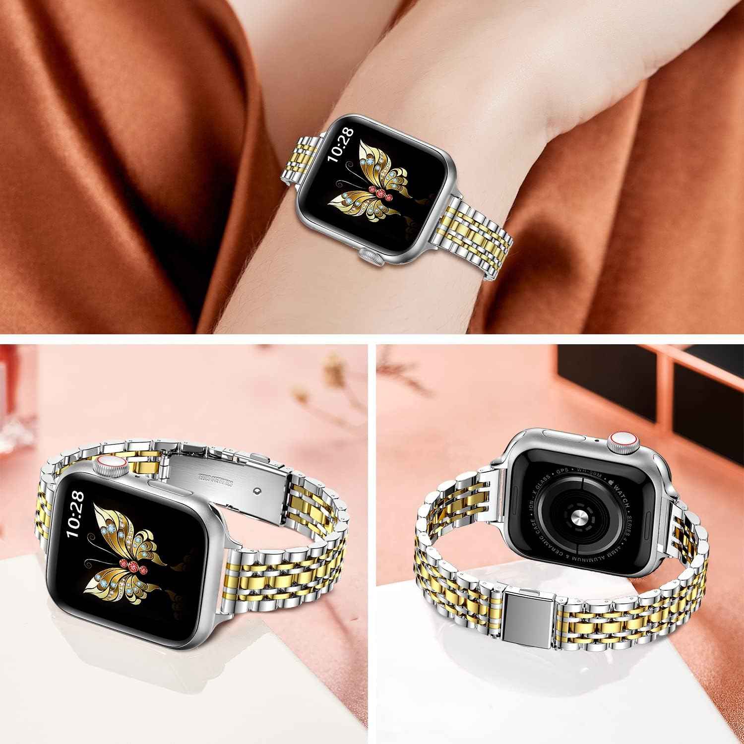 MioHHR Slim Metal Band Compatible with Apple Watch Band 42mm(Series 11 10) 41mm(Series 9 8 7) 40mm(Series 6 5 4 SE3/2/1) 38mm(Series 3 2 1),Stainless Steel iWatch Bands for Women,Silver/Gold