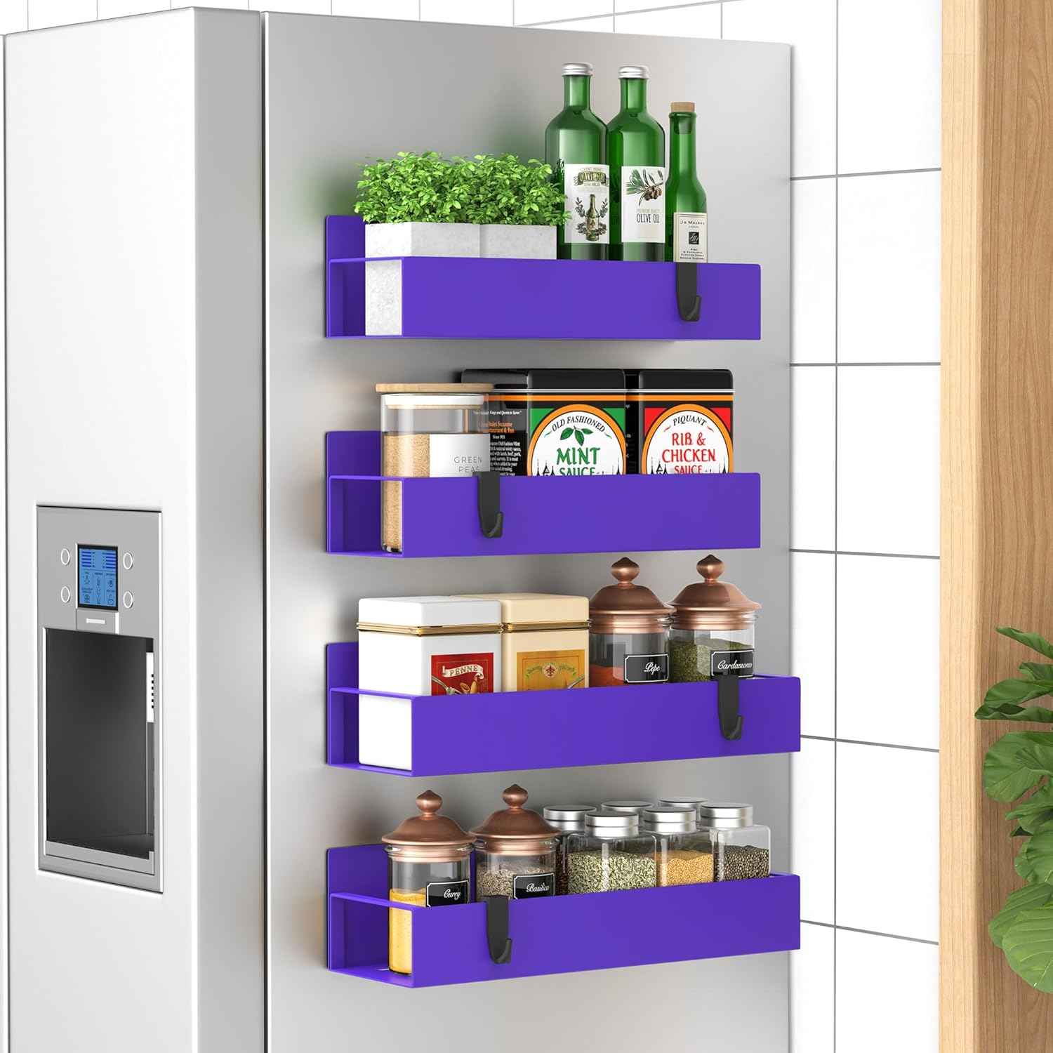 Metal 4 Pack Magnetic Spice Storage Rack Organizer for Refrigerator and Oven, Black Fridge Organizers and Storage