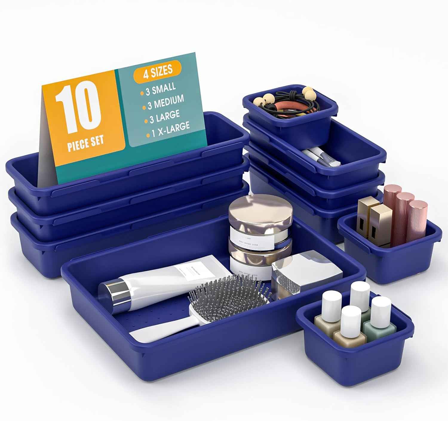 10 PCS Drawer Organizer Set, 4 Size Makeup Drawer Divider Organizer With Non-Slip Pads, Interlocking Plastic Storage Bins for Office,Jewelry Vanity,Gadgets, Bathroom,Kitchen, Black
