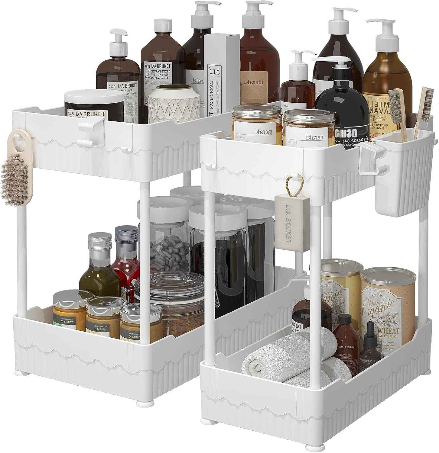 2 Pack Under Sink Organizer, Under Bathroom Cabinet Organizer with Hooks Hanging Cup, Multi-Purpose Storage Shelf for Kitchen Bathroom, Black