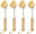 Dish Brush with Built-in Scraper - 4 Pack Bamboo Dish Scrubber Brush with Handle, Kitchen Brushes for Dishes & Pots, Sink, Eco Cleaning Tool Set