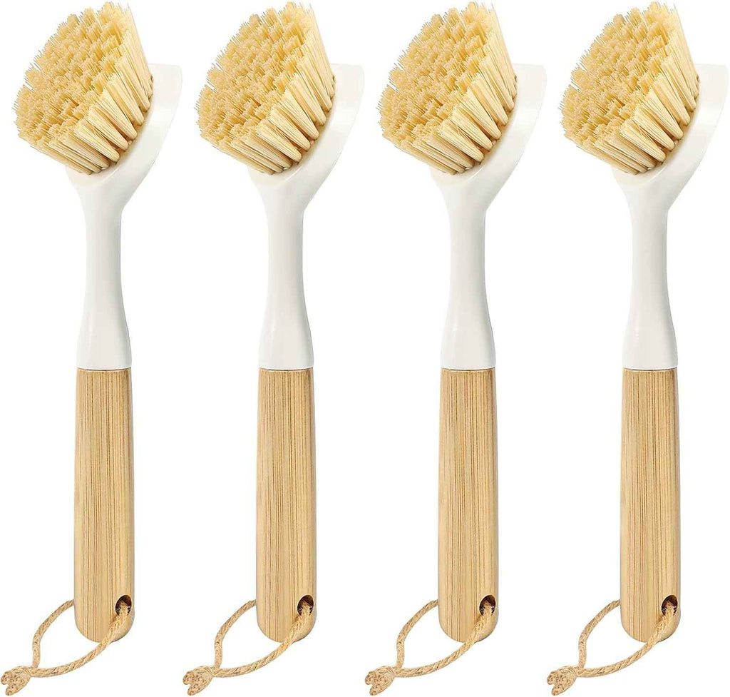Bamboo Dish Scrubber Brush Set - 4 Pack with Built-in Scraper for Pots, Sinks