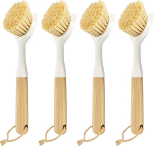 Dish Brush with Built-in Scraper - 4 Pack Bamboo Dish Scrubber Brush with Handle, Kitchen Brushes for Dishes & Pots, Sink, Eco Cleaning Tool Set