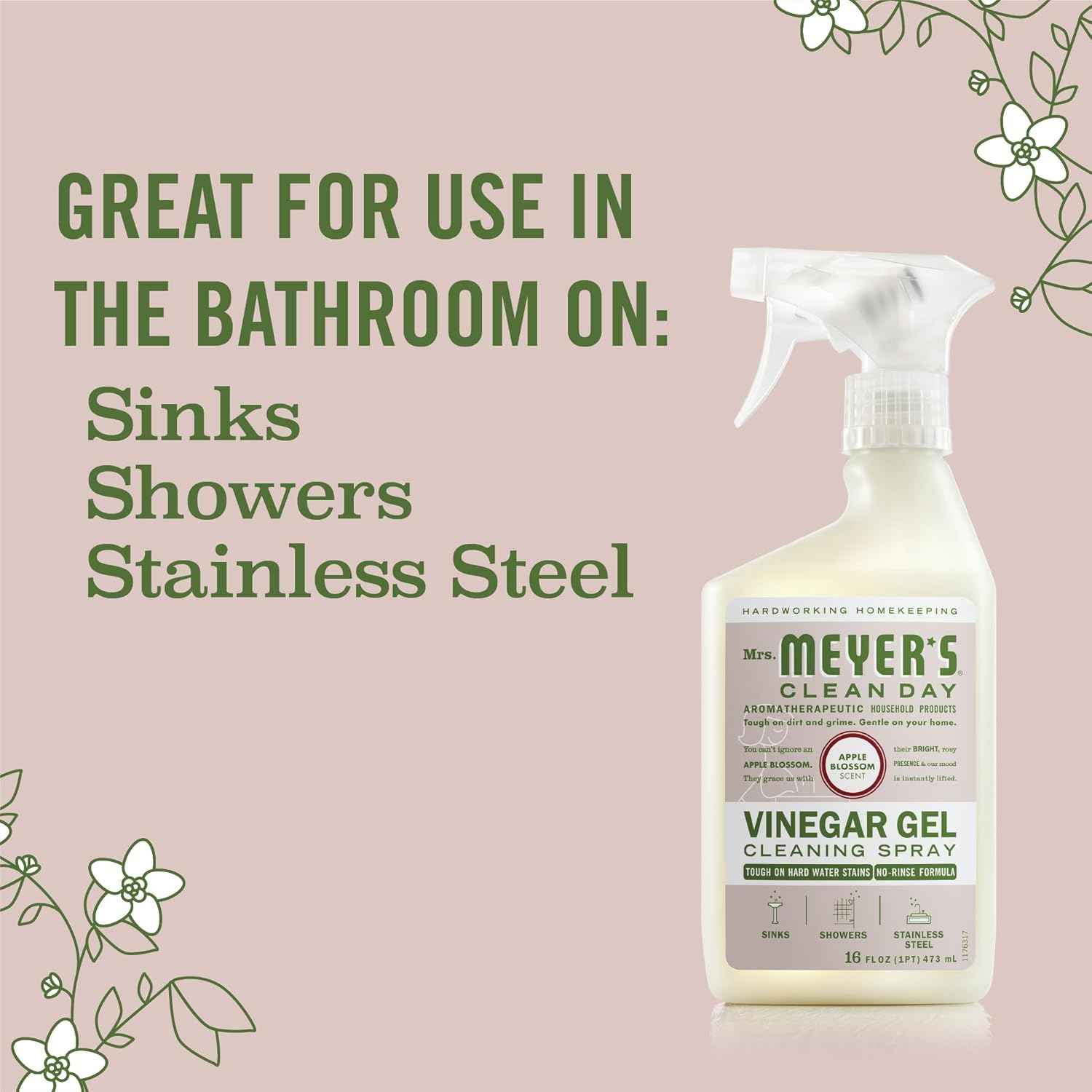 Mrs. Meyer's Apple Blossom Vinegar Gel Cleaning Spray, 16 Fl Oz, No-Rinse Formula for Bathroom Use