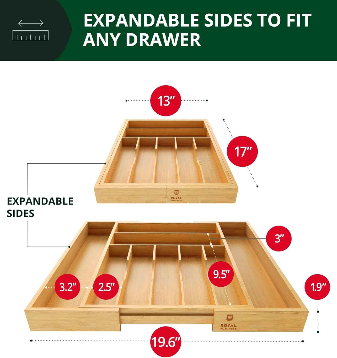 Royal Craft Wood Luxury Bamboo 9 Slot Silverware Organizer for Kitchen Utensil Holder & Cutlery Tray