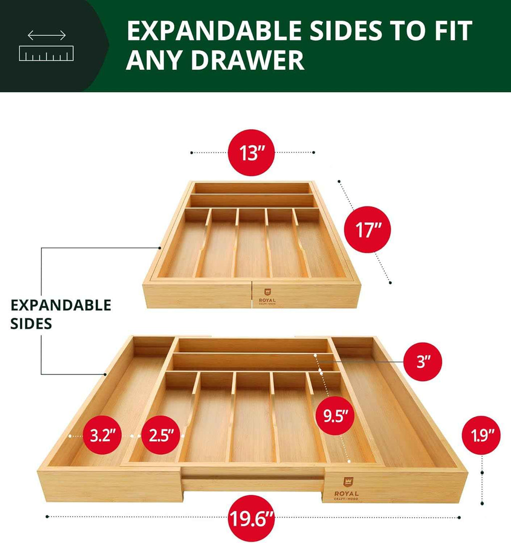 Royal Craft Wood Luxury Bamboo 9 Slot Silverware Organizer for Kitchen Utensil Holder & Cutlery Tray