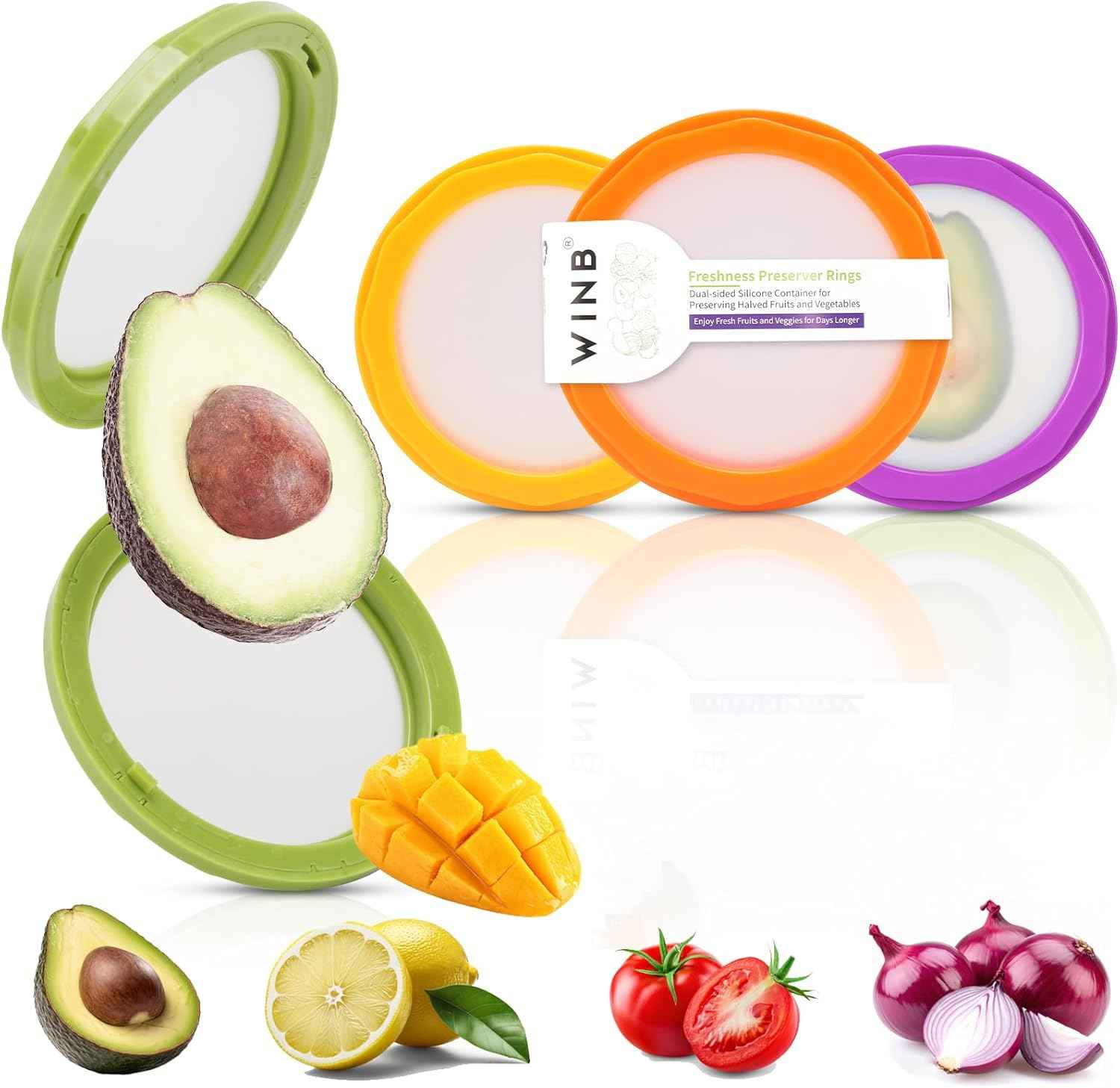 Winb Set of 4 Reusable Fruit and Veggie Savers - Ideal for Avocados, Tomatoes, Apples, Garlic, Onions, and More