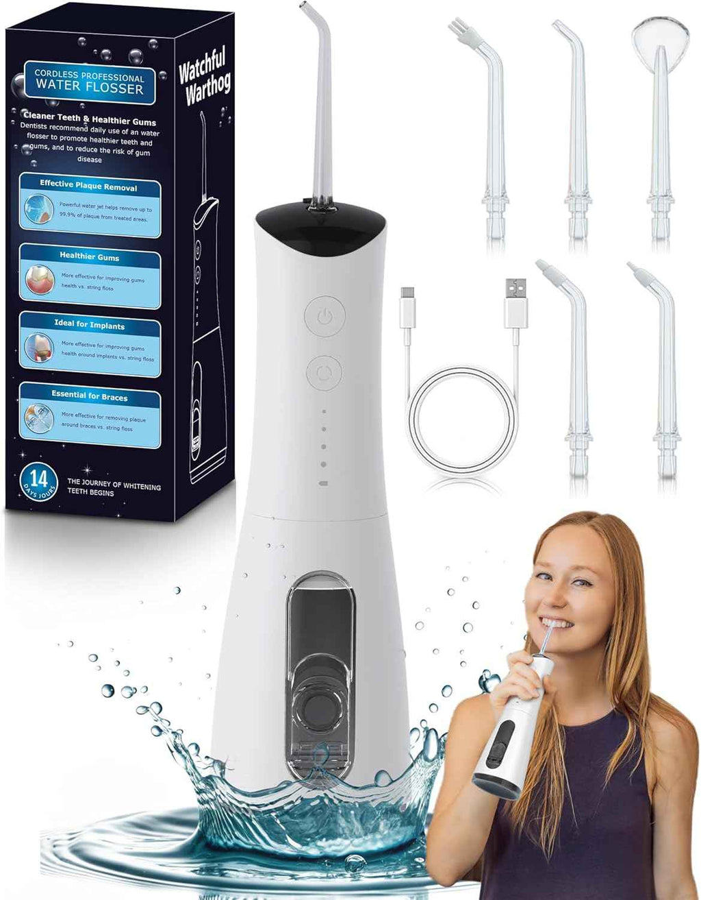 High-Pressure 120PSI Water Dental Flosser with 300ml Reservoir - Portable Water Flosser for Teeth & Gum Cleaning - Rechargeable with 4 Pressure Modes, 1600 Pulses/Minute & IPX7 Waterproof