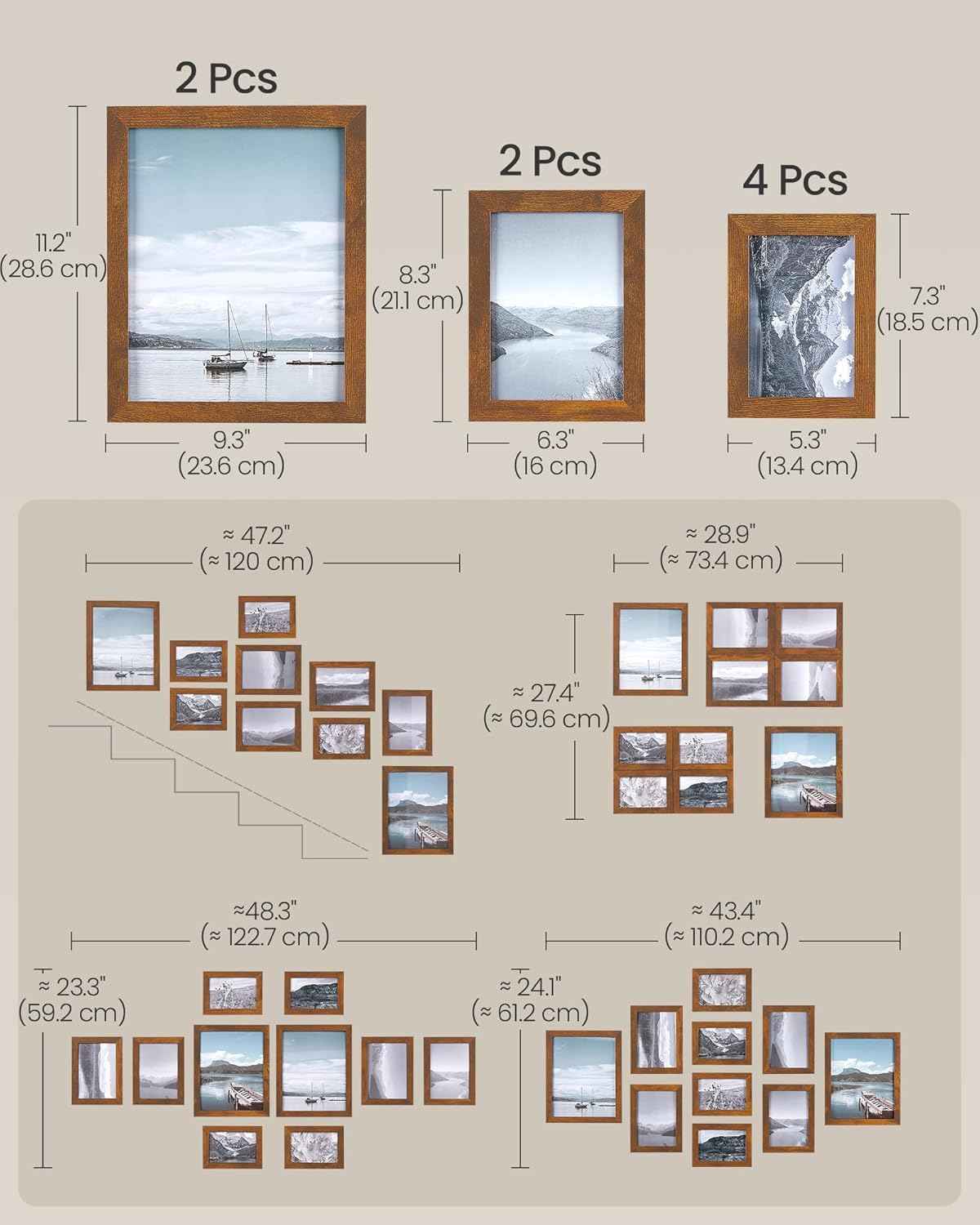 SONGMICS Picture Frames, Collage Picture Frames Set of 10, Two 8x10, Four 5x7, Four 4x6, Photo Frame for Wall Gallery Decor, Table Display, Christmas Gift, Rustic Brown URPF010X01