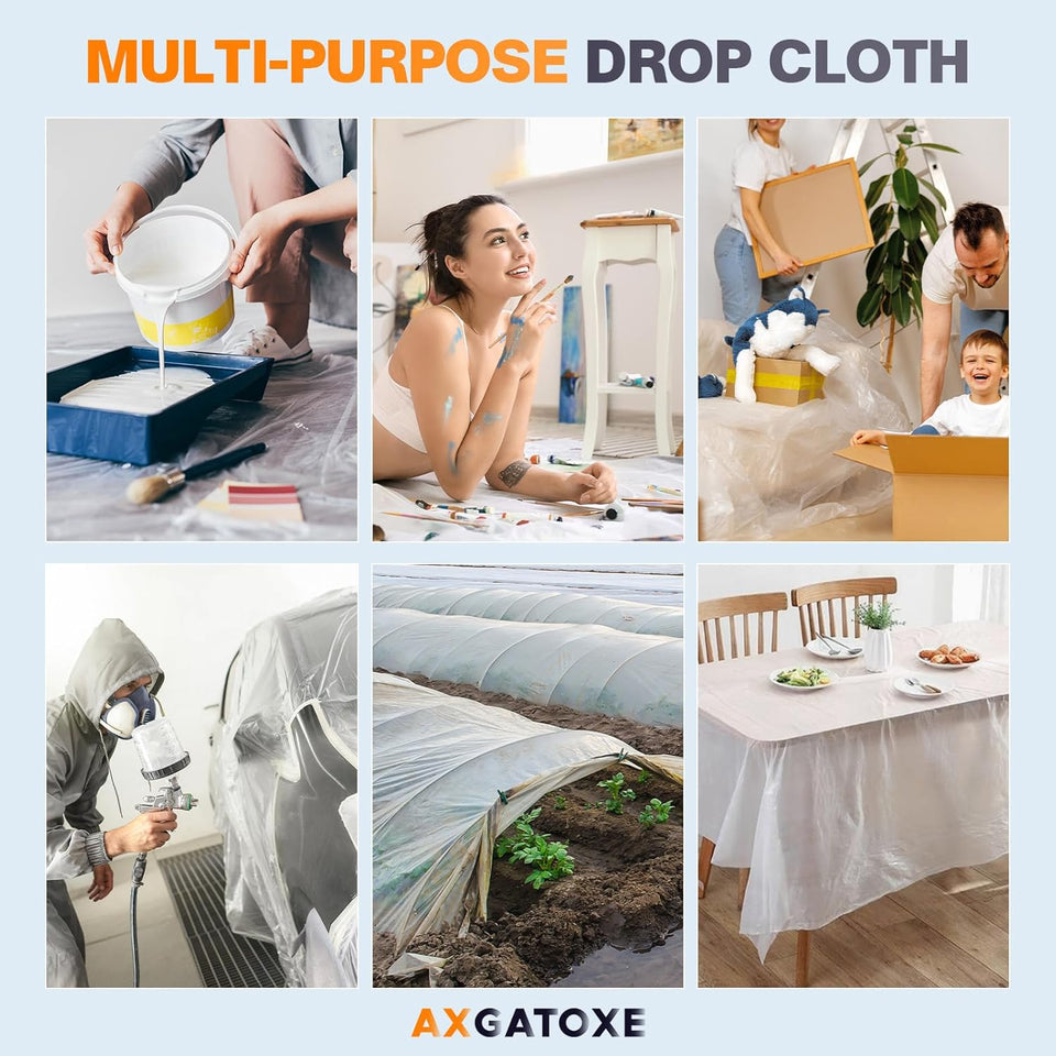 12 x 9 Ft Plastic Drop Cloths (6-Pack) - Disposable Painter's Sheeting & Tarps for Painting, Waterproof Furniture/Couch/Floor Protection
