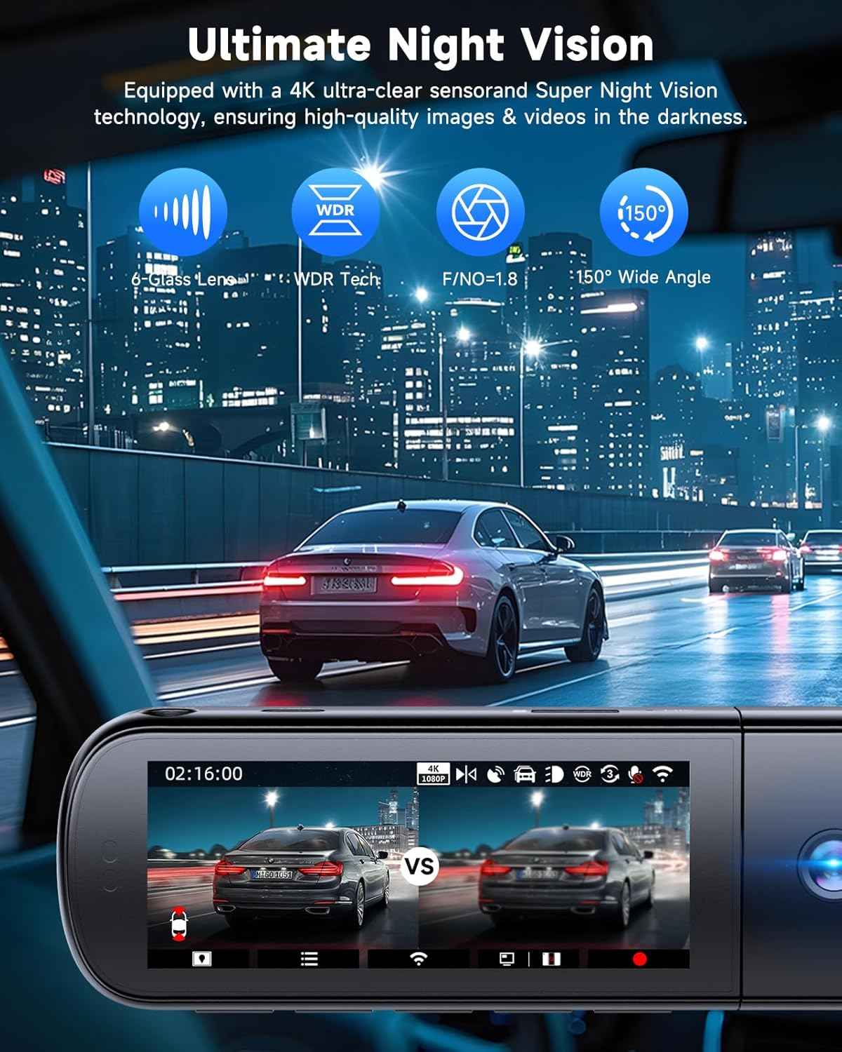 sarmert 4k 3 channel dash cam with 64gb free card, g-sensor, wdr, and 5g wifi