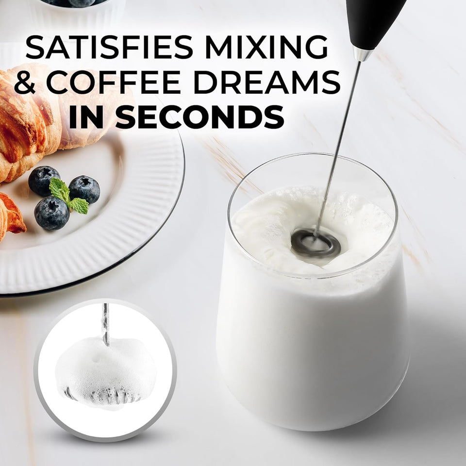 Zulay Kitchen Milk Frother Handheld Electric Whisk – Frother Wand, Durable Drink Mixer, Stainless Steel Whisk, Coffee Frother, Hand Blender, Frother for Protein Powder, Lattes, Matcha & More - Black