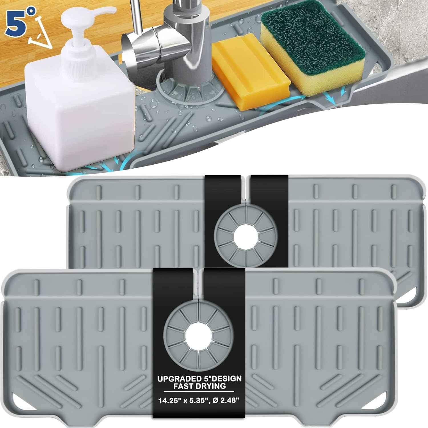 BFONS Silicone Faucet Handle Drip Catcher Drying Tray Mat Dish Soap Sponge Holder Accessories Gadgets for Kitchen Counter Bathroom Kitchen Sink Splash Guard -Grey