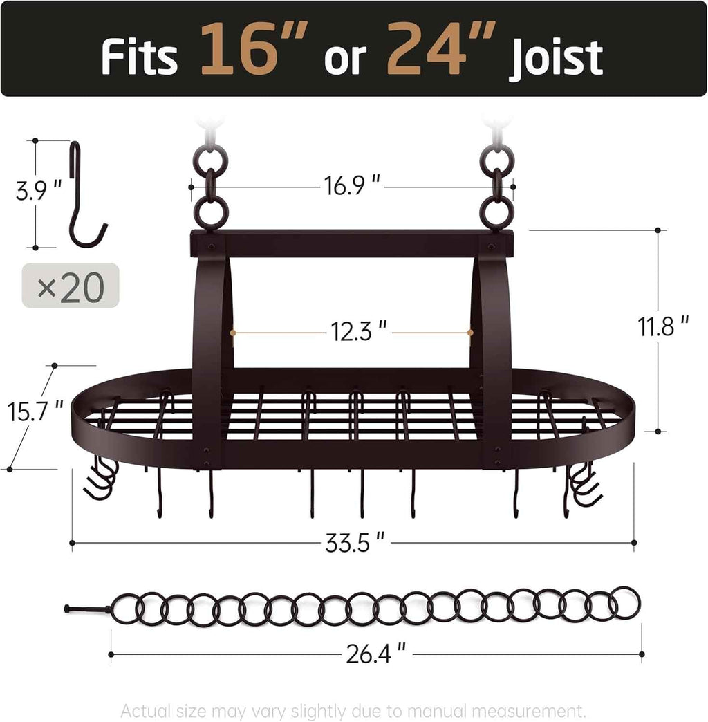 KES 34 inch Oiled Bronze Hanging Pot Rack with 20 Hooks for Kitchen Ceiling Mount, Heavy Duty Oval Pot Pan Hangers for 16 and 24 inch Joist Mount