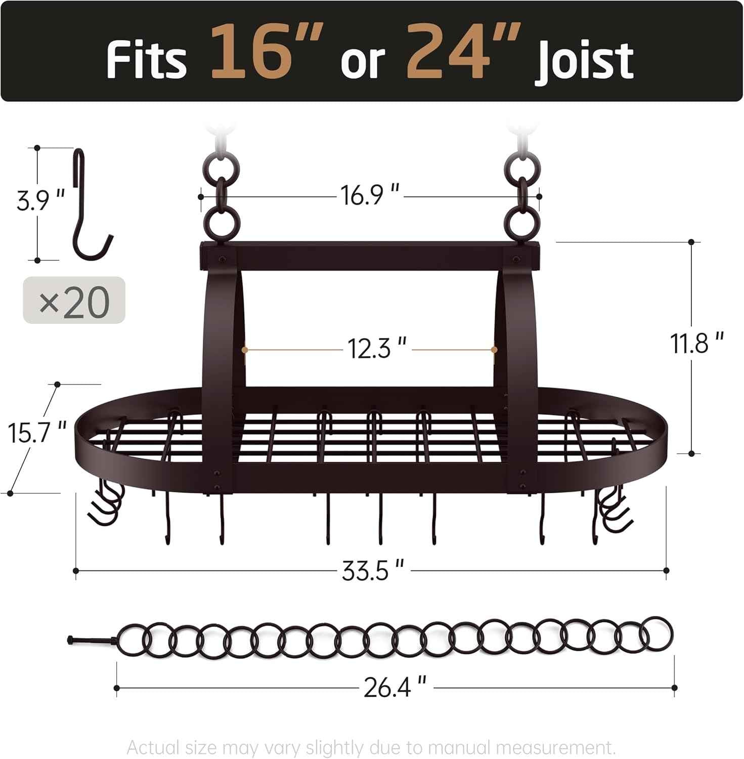 KES 34 inch Oiled Bronze Hanging Pot Rack with 20 Hooks for Kitchen Ceiling Mount, Heavy Duty Oval Pot Pan Hangers for 16 and 24 inch Joist Mount