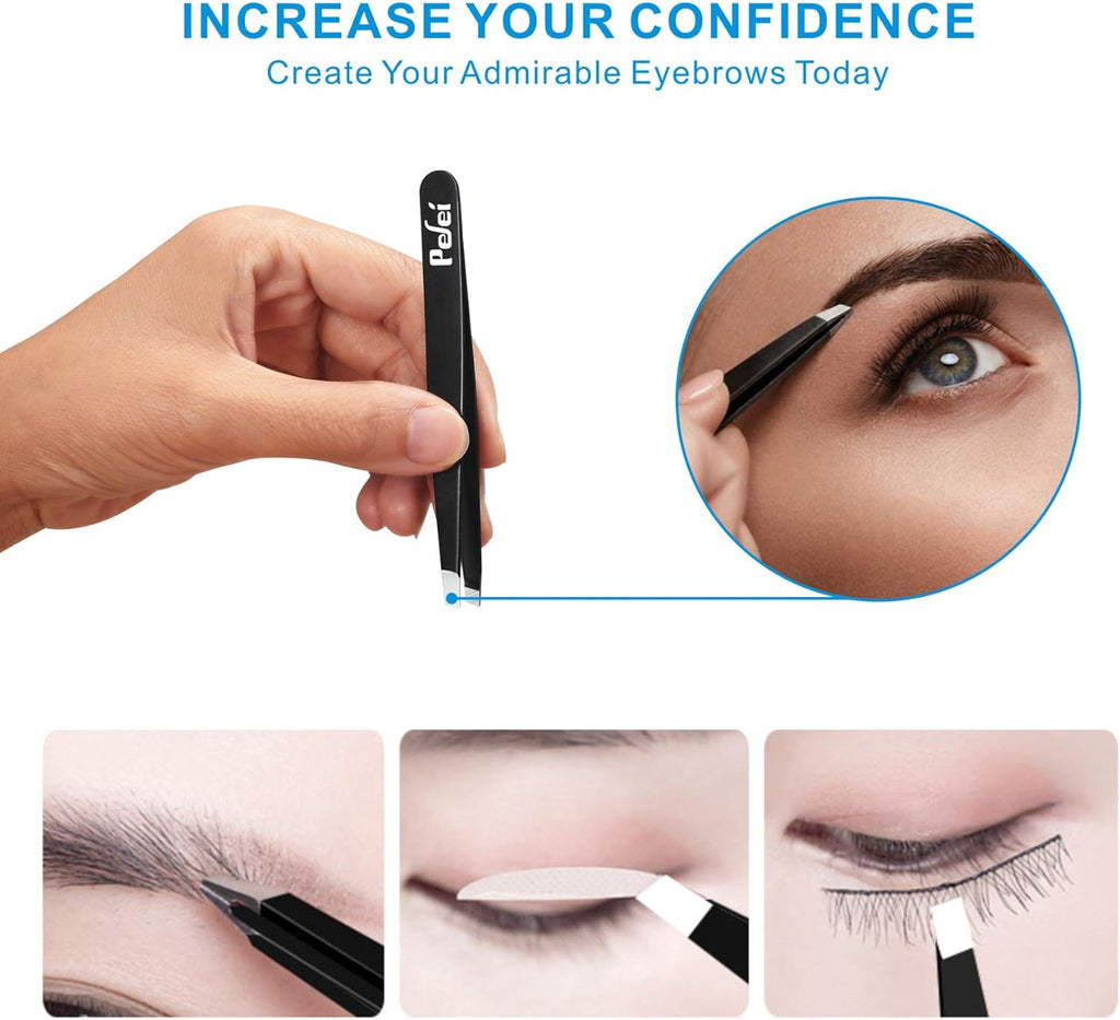 pefei professional stainless steel tweezers set for eyebrows facial hair removal black
