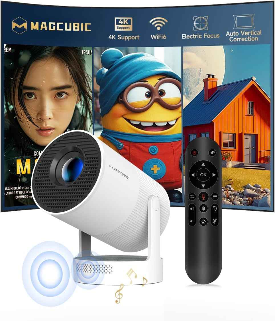 【Electric Focus】Magcubic Mini Projector 4K Support, Portable Projector with WiFi 6 and Bluetooth 5.4, Smart Proyector, 5W Soundbase Speaker, 180°Rotation for Home Theater