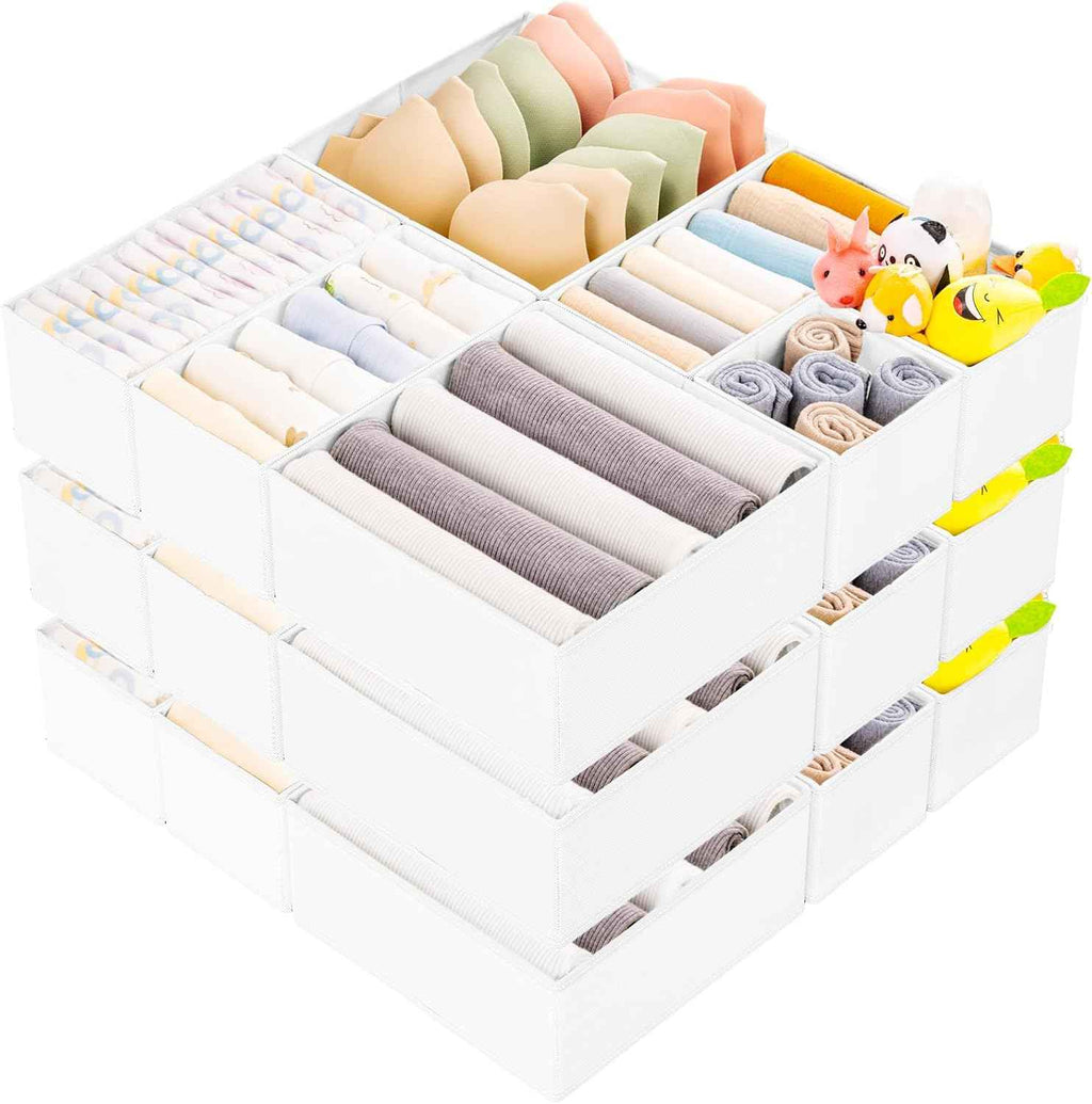 Criusia 15 Pack Drawer Organizer for Clothes, Foldable Dresser Dividers with 3 Sizes, Fabric Storage Bins – Beige