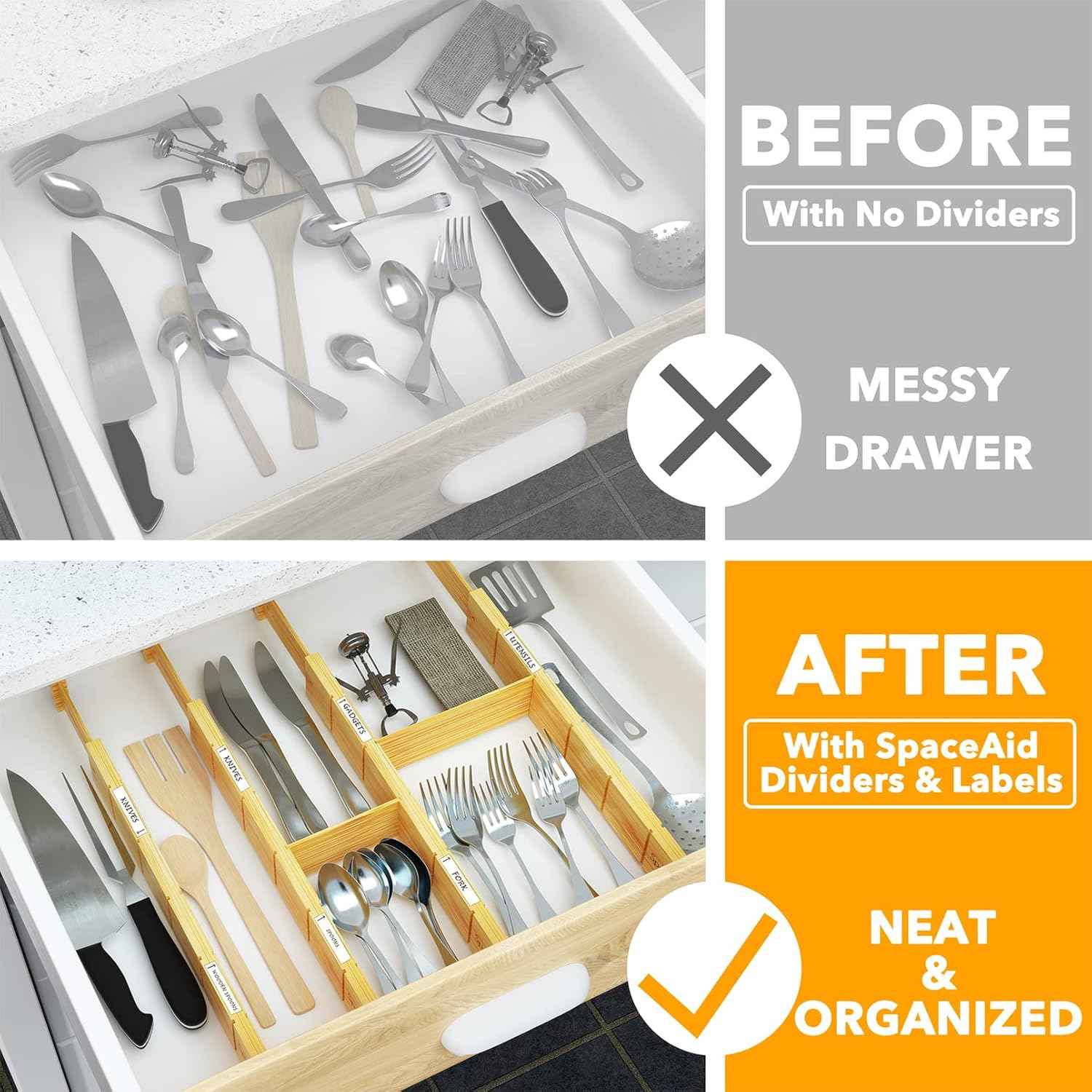 SpaceAid Bamboo Drawer Dividers with Inserts and Labels, Expandable Organization for Home, Office, Dressers, 4 Dividers