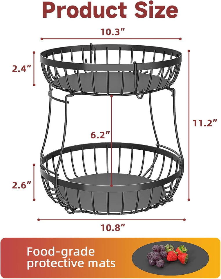 2 Tier Large Fruit Basket for Kitchen Counter with 2 Banana Hangers, Metal Stackable Fruit Bowl for Kitchen Counter for Bread Vegetable Fruits, Black
