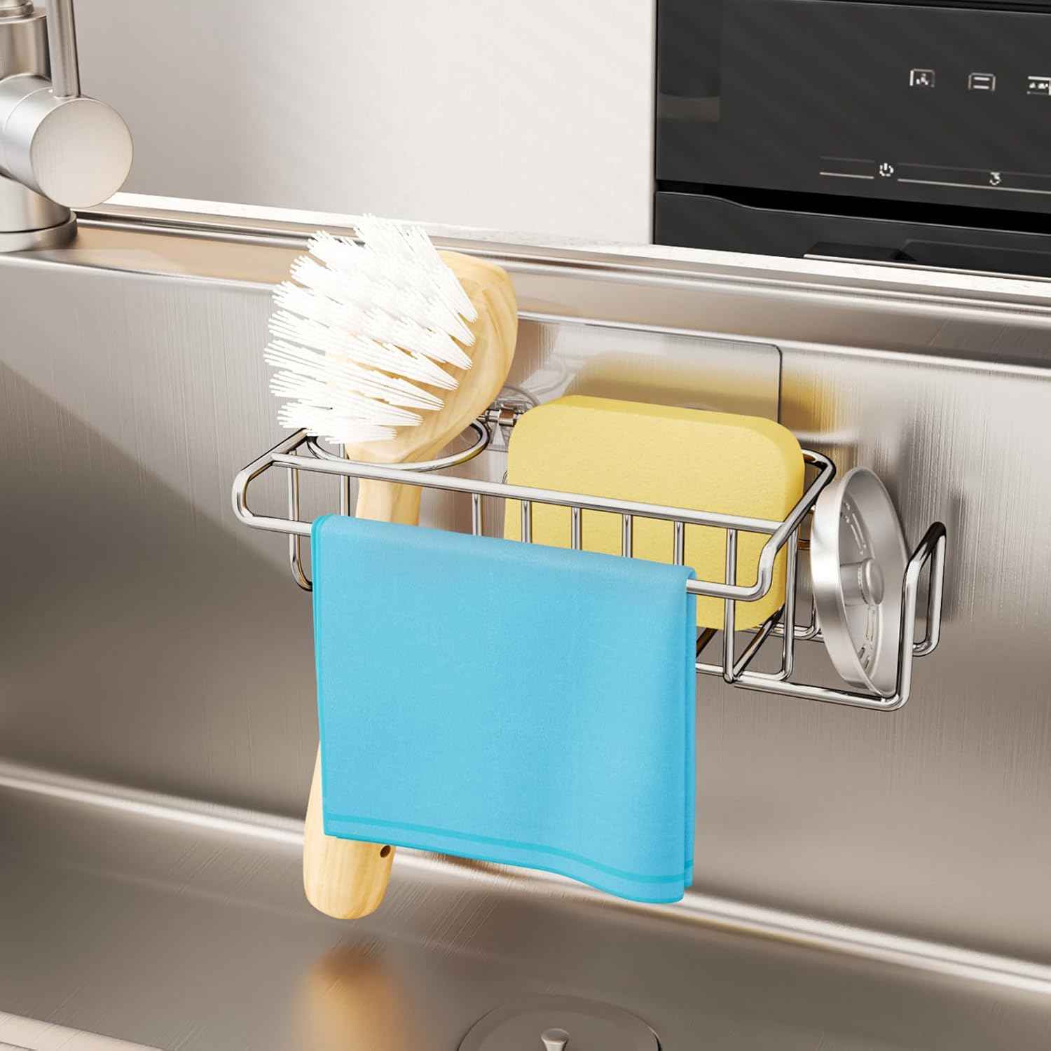 HapiRm 4 in 1 Sink Caddy Sponge Holder, SUS304 Stainless Steel Kitchen Brush Holder + Dish Cloth Hanger + Soap Rack + Sink Stopper Rack + Sponge Caddy for Kitchen - Silver