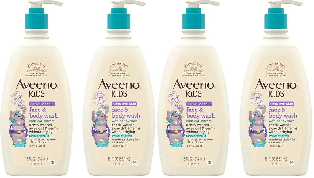 Aveeno Kids Sensitive Skin Face & Body Wash, Oat Extract, Tear-Free, Non-Drying, 18 fl oz Pump Dispenser