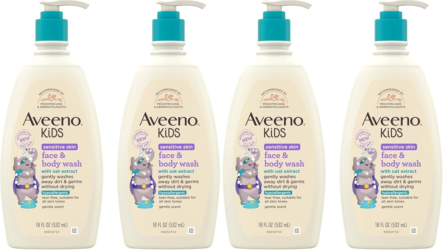 Aveeno Kids Sensitive Skin Face & Body Wash, Oat Extract, Tear-Free, Non-Drying, 18 fl oz Pump Dispenser