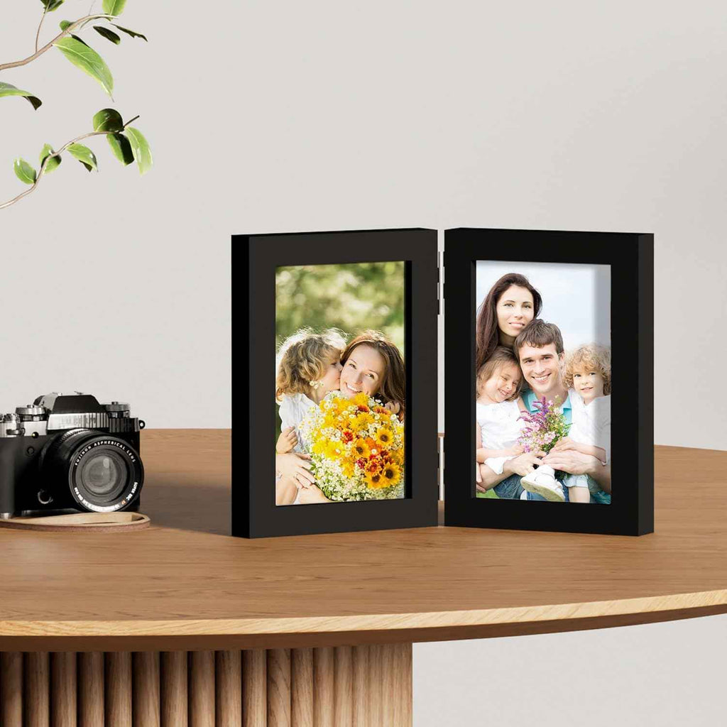 decorUhome double 4x6 picture frame vertical engineered wood bifold photo frame with plexiglass tabletop display black