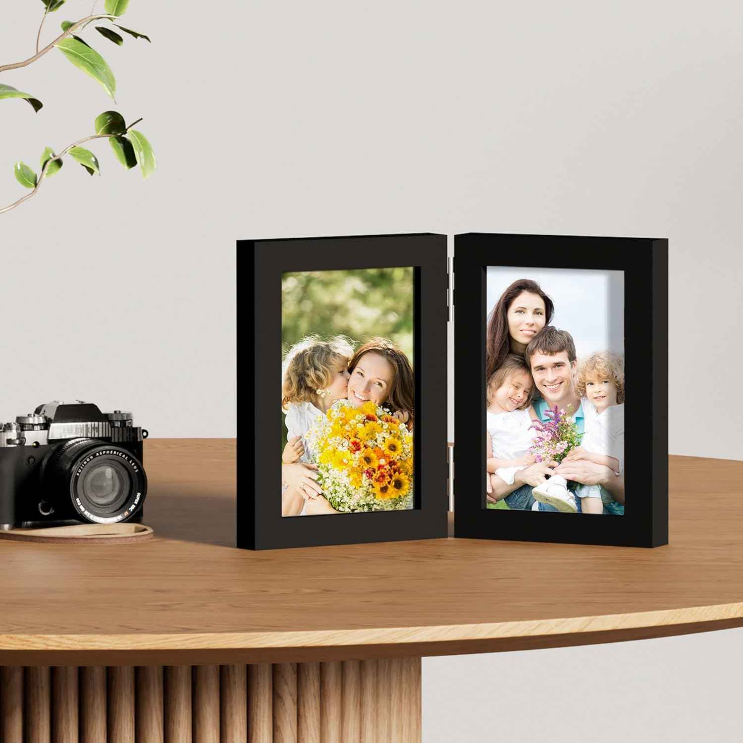 decorUhome double 4x6 picture frame vertical engineered wood bifold photo frame with plexiglass tabletop display black