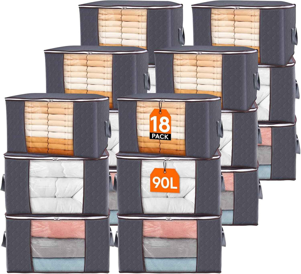 Lifewit 6 Pack Clothes Storage Bins with Lids, Foldable Blanket Storage Bags with Zippers, Clear Window and Reinforced Handles, Closet and Organization for Clothing, Sweater, Comforter, Bedding, Gray